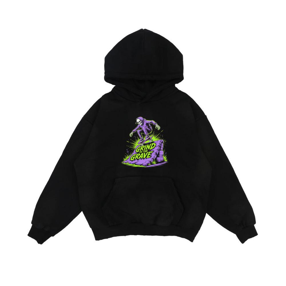 Grind to the Grave Skeleton Skateboard Graphic Hoodie