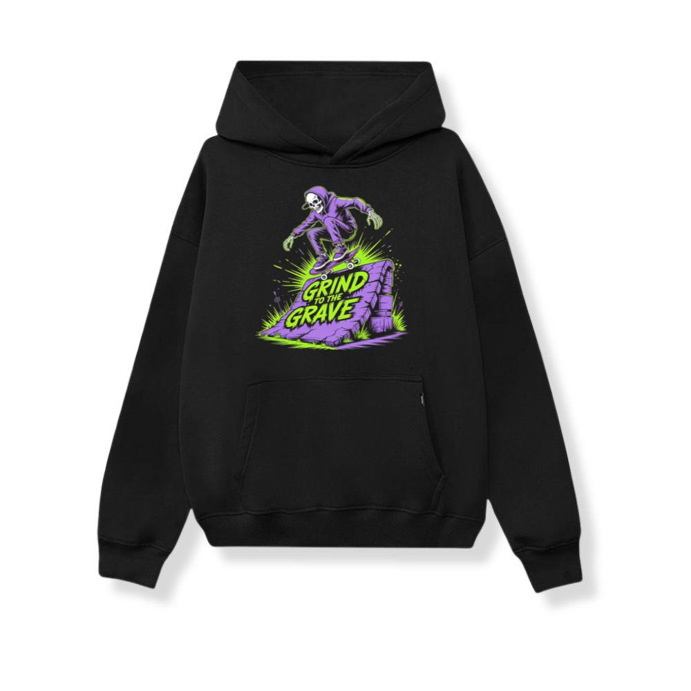 Grind to the Grave Skeleton Skateboard Graphic Hoodie