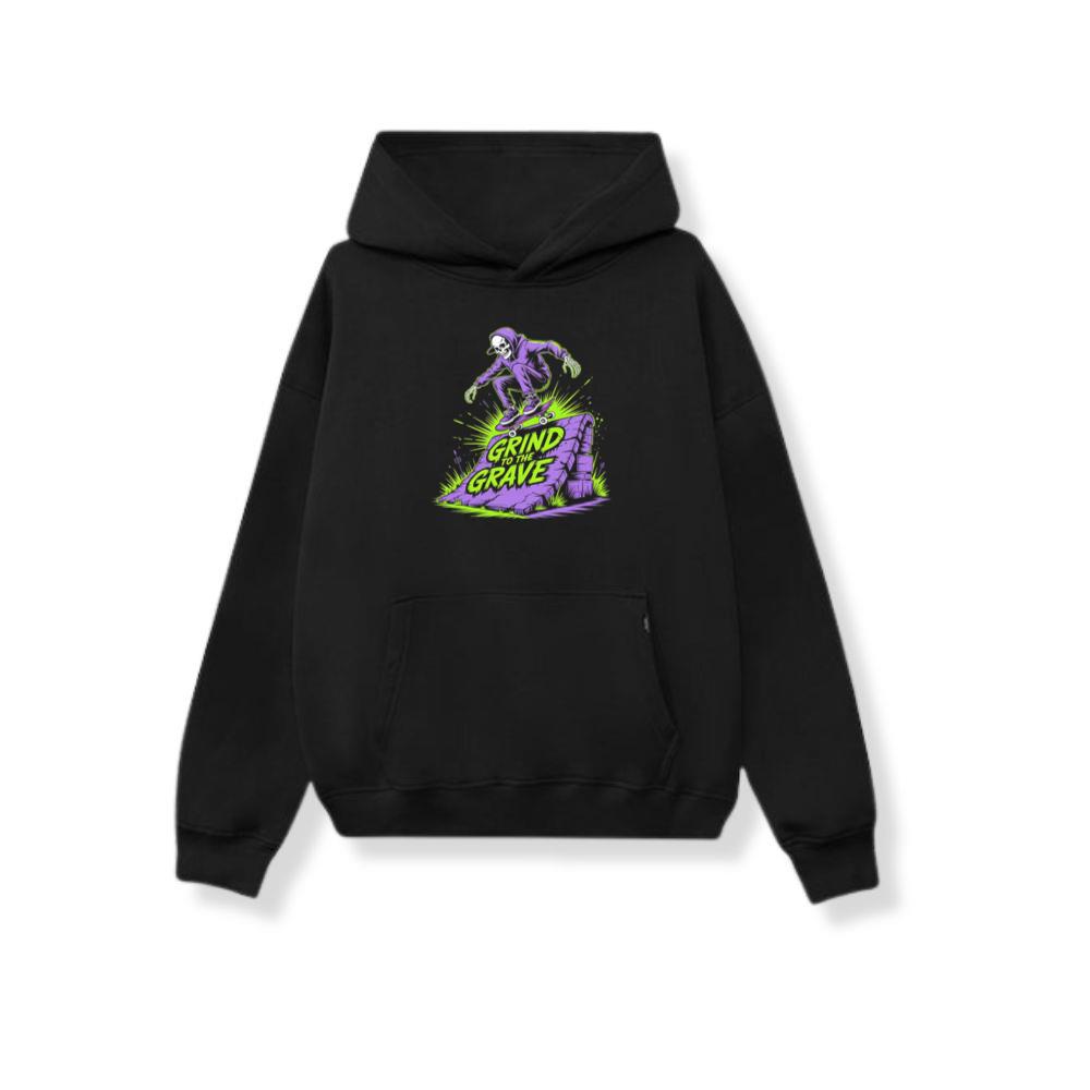 Grind to the Grave Skeleton Skateboard Graphic Hoodie