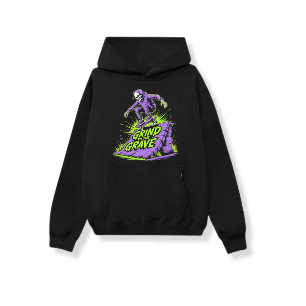 Grind to the Grave Skeleton Skateboard Graphic Hoodie
