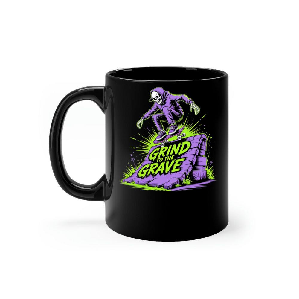 Grind to the Grave Skeleton Skateboard Graphic Mug
