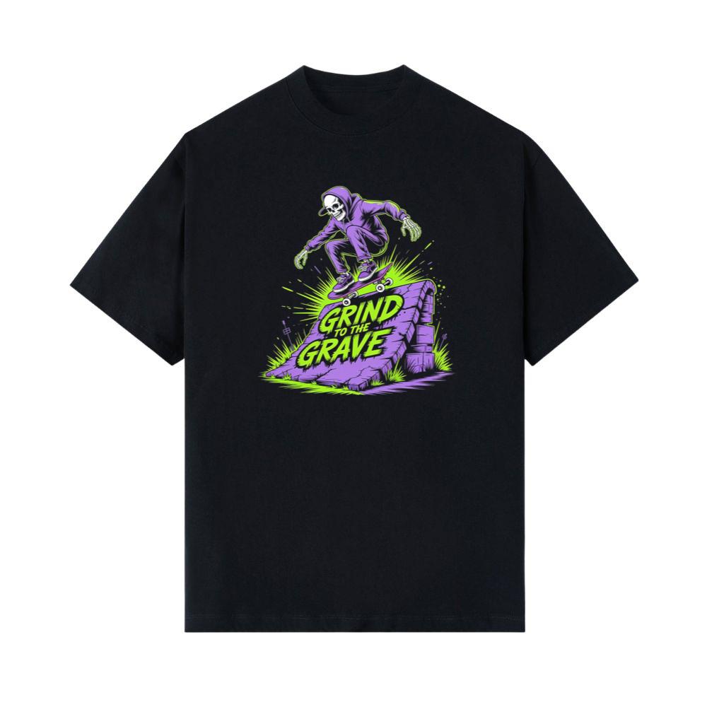 Grind to the Grave Skeleton Skateboard Graphic T-Shirt