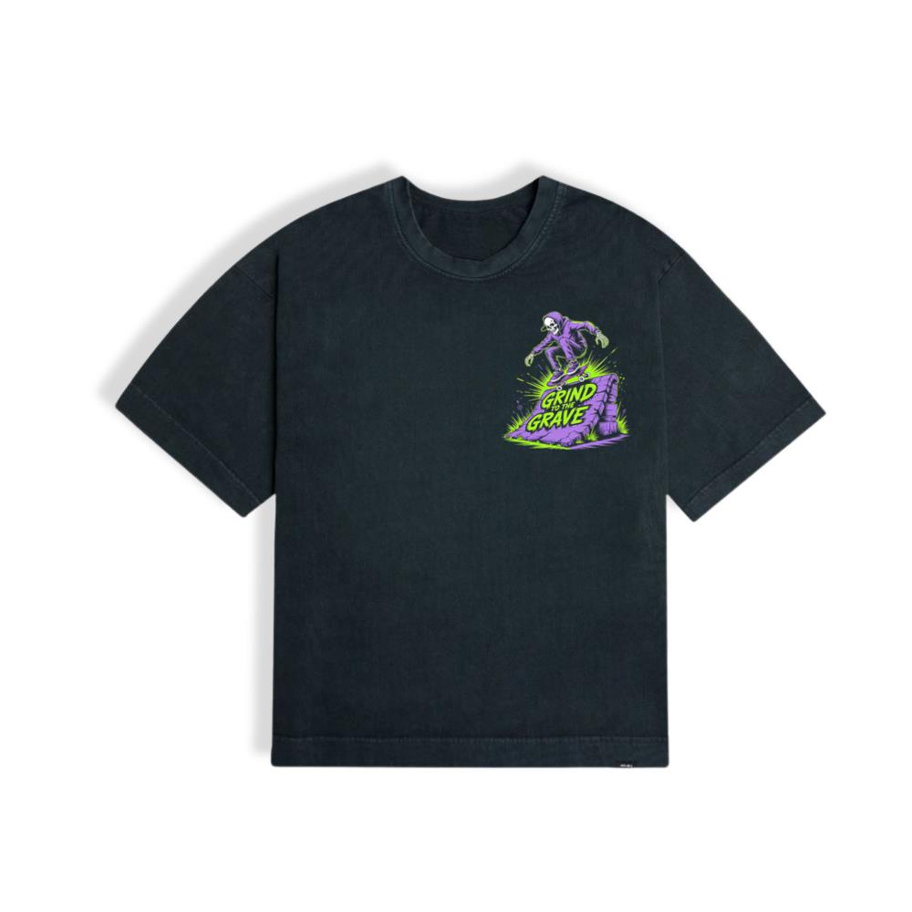 Grind to the Grave Skeleton Skateboard Graphic T-Shirt