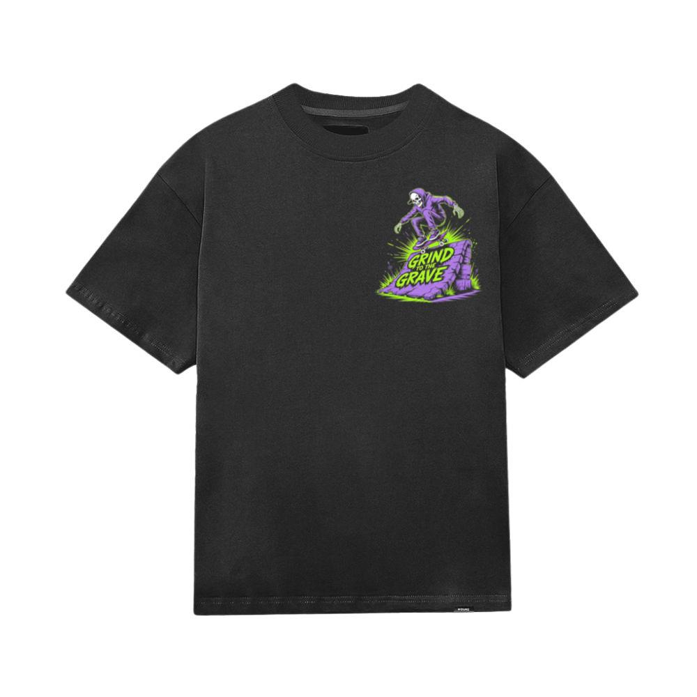 Grind to the Grave Skeleton Skateboard Graphic T-Shirt - Image 3