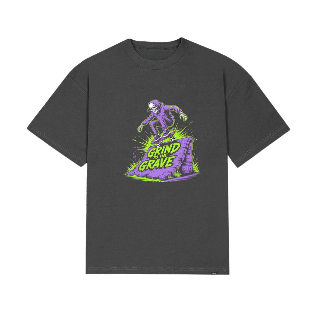 Grind to the Grave Skeleton Skateboard Graphic T-Shirt - Image 3