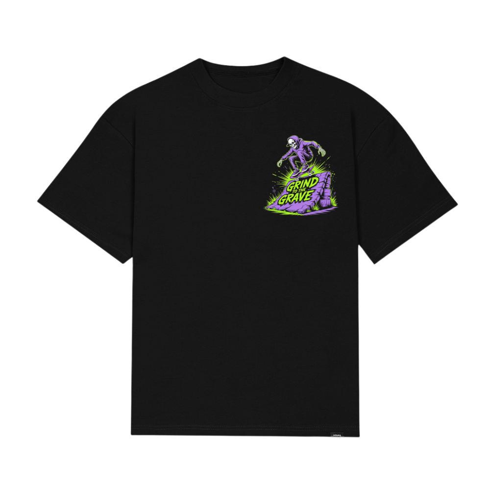 Grind to the Grave Skeleton Skateboard Graphic T-Shirt
