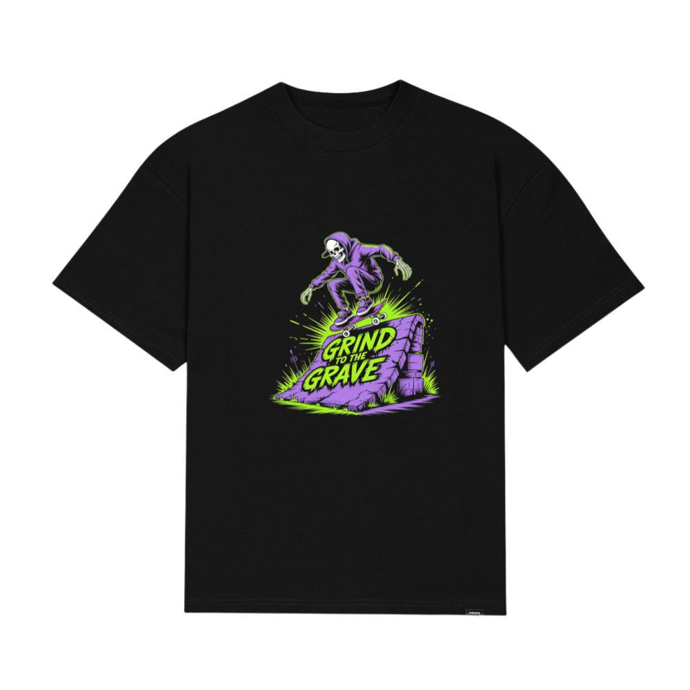 Grind to the Grave Skeleton Skateboard Graphic T-Shirt