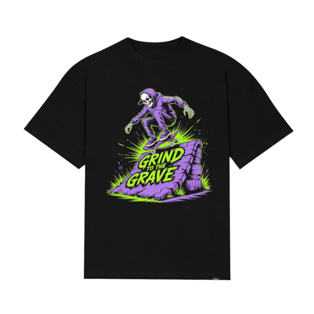 Grind to the Grave Skeleton Skateboard Graphic T-Shirt