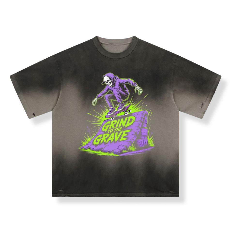 Grind to the Grave Skeleton Skateboard Graphic T-Shirt - Image 3