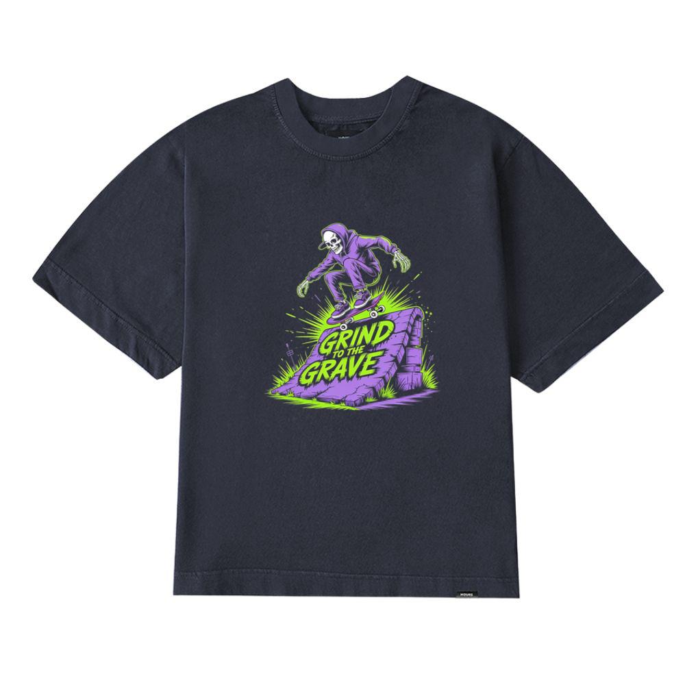 Grind to the Grave Skeleton Skateboard Graphic T-Shirt - Image 2