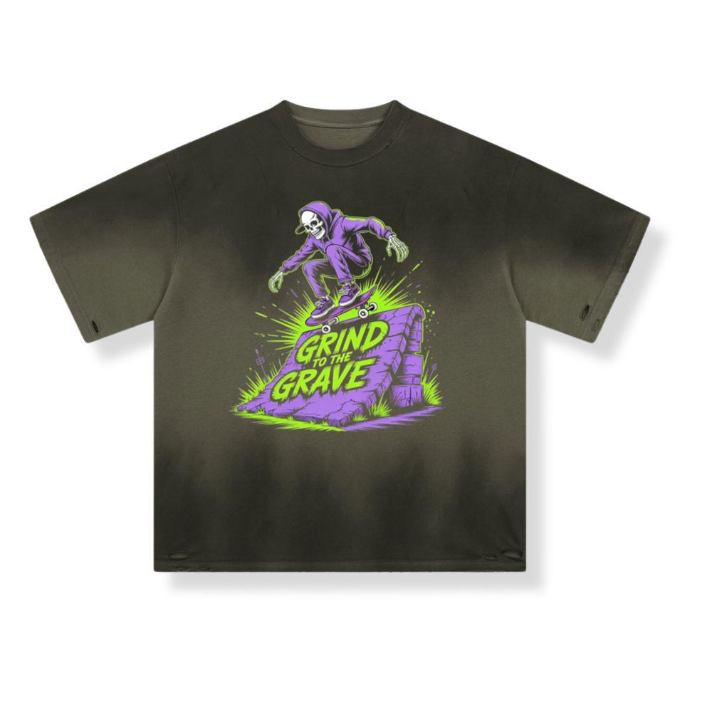 Grind to the Grave Skeleton Skateboard Graphic T-Shirt - Image 2