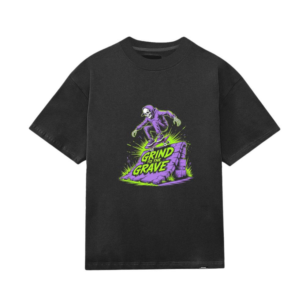 Grind to the Grave Skeleton Skateboard Graphic T-Shirt - Image 4