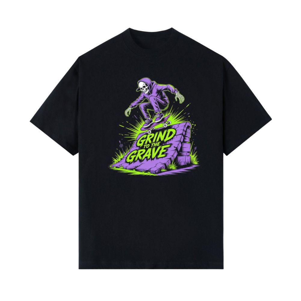 Grind to the Grave Skeleton Skateboard Graphic T-Shirts