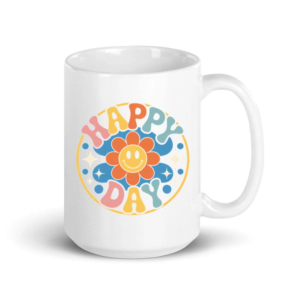 Happy Day Groovy Flower Illustration for a Colorful Retro Look Mug
