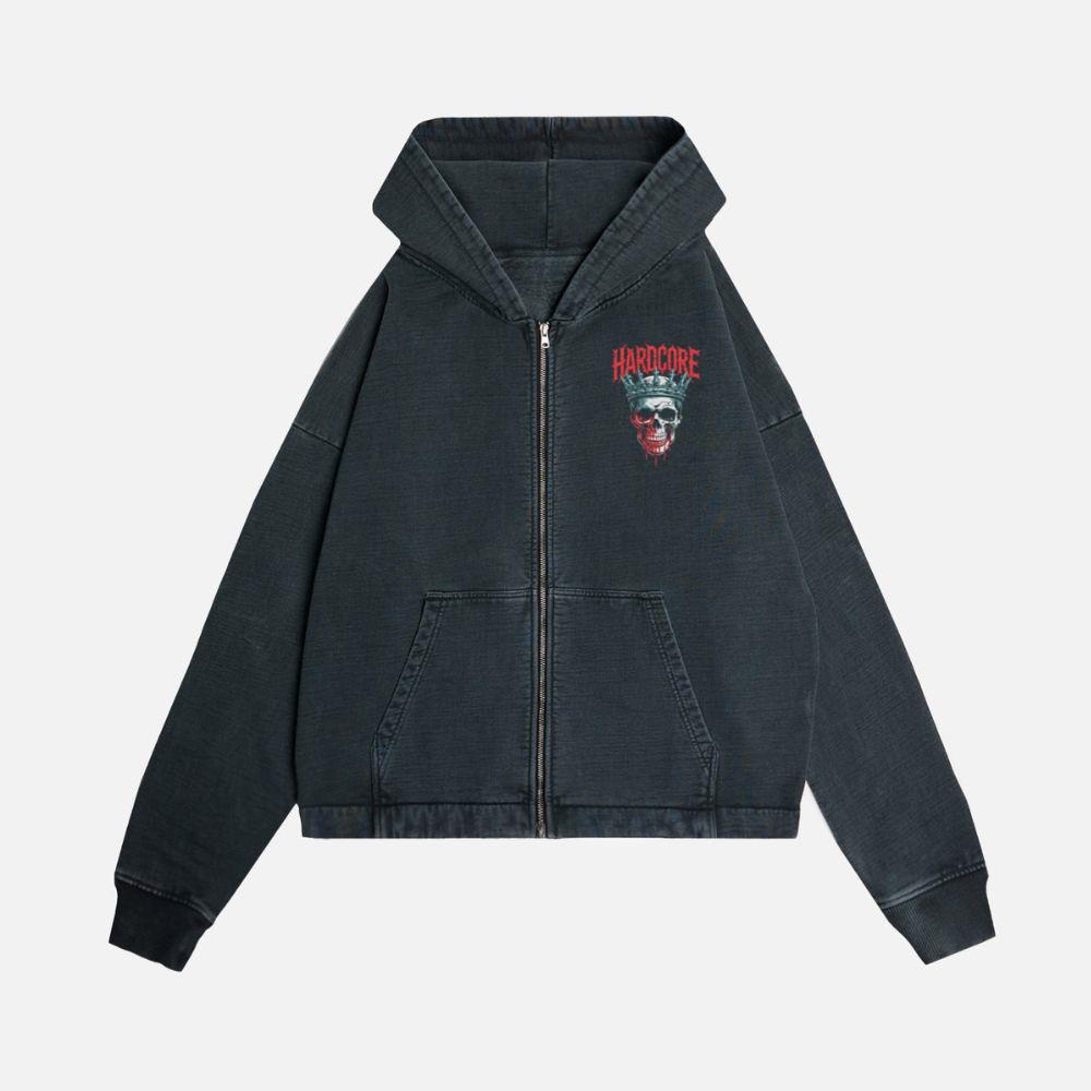 Hardcore Skull King Crown Dark Graphic Zip Hoodie