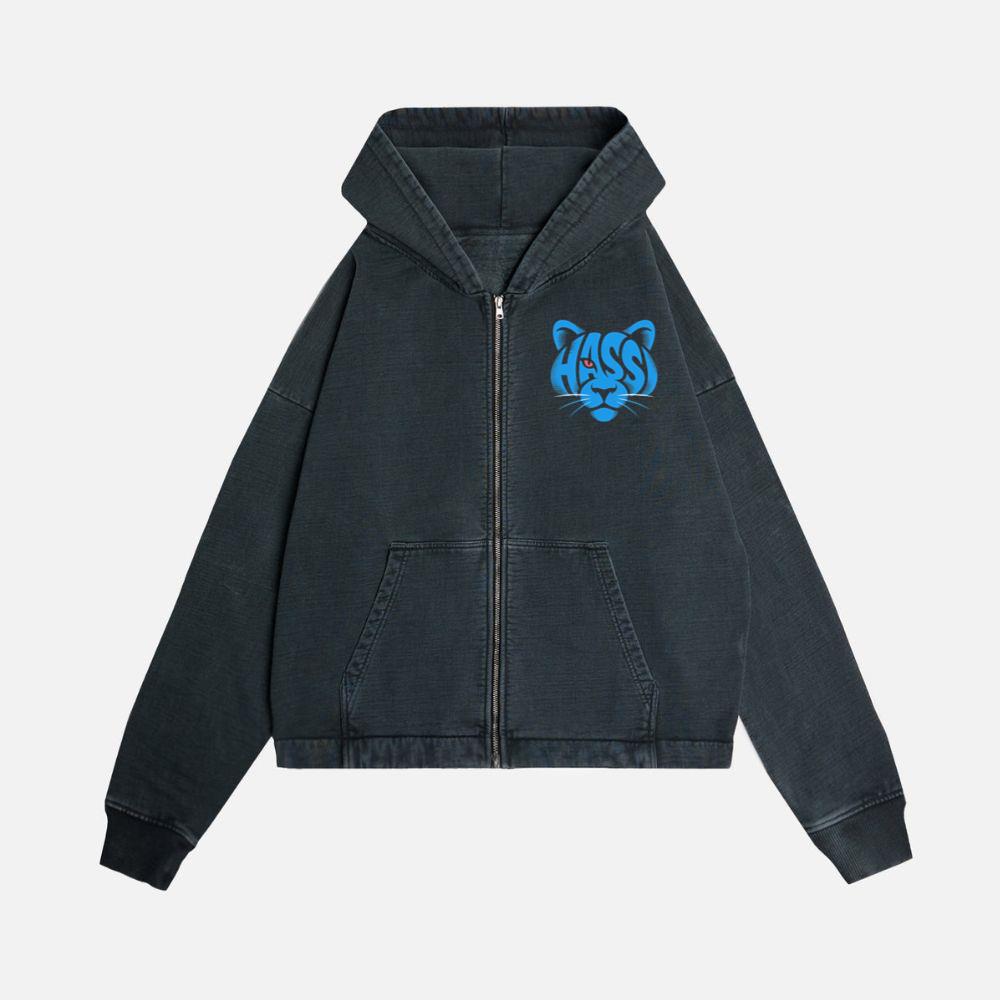 Hass Blue Panther Retro Animal Graphic Zip Hoodie - Image 3