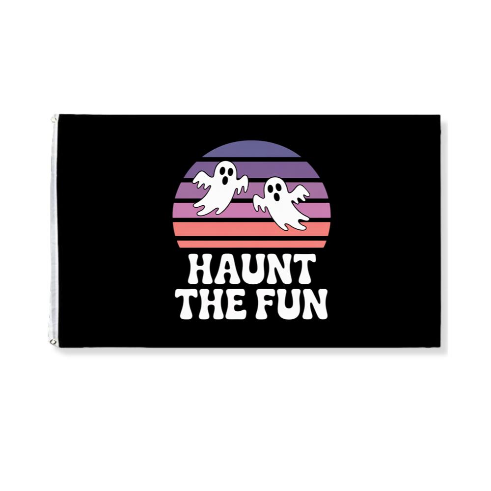 Haunt the Fun Ghost Sunset Retro Cartoon Design Flag