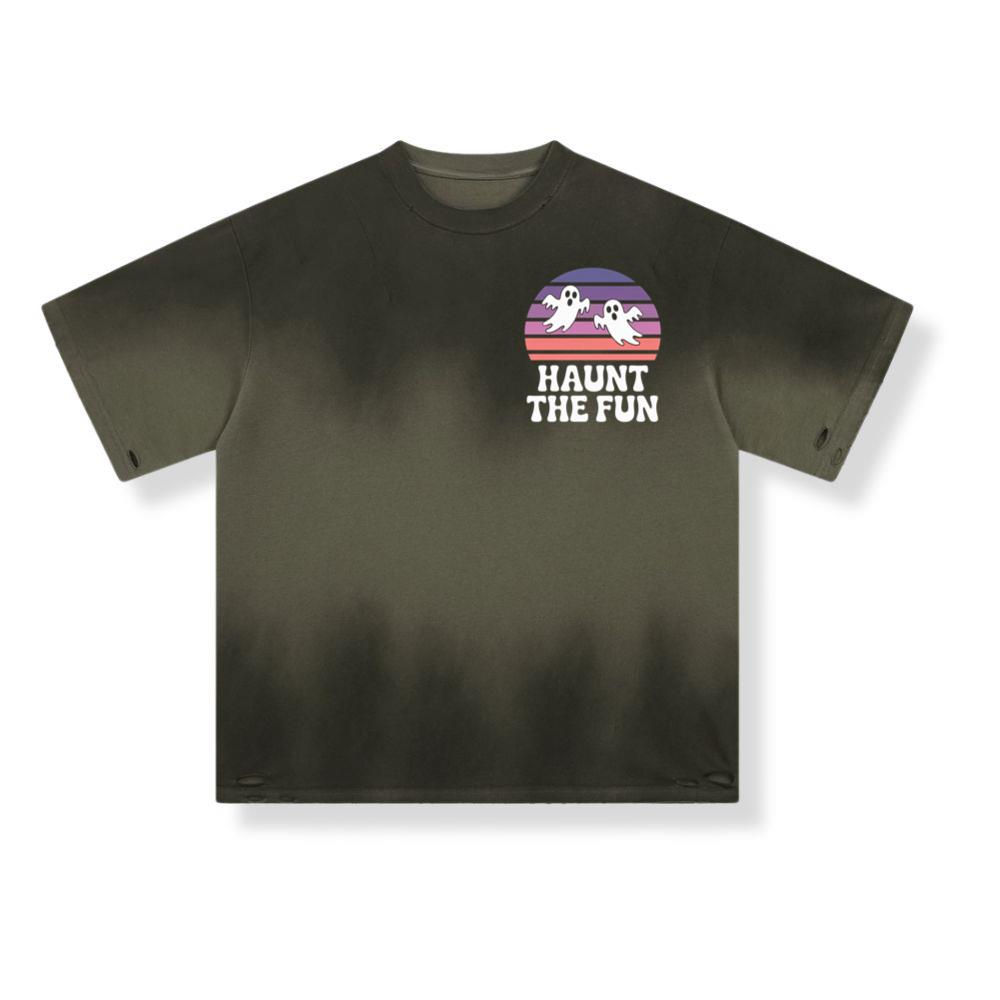 Haunt the Fun Ghost Sunset Retro Cartoon Design T-Shirt - Image 3