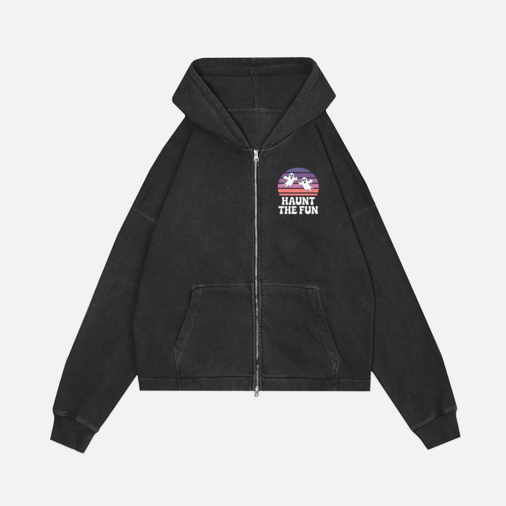 Haunt the Fun Ghost Sunset Retro Cartoon Design Zip Hoodie