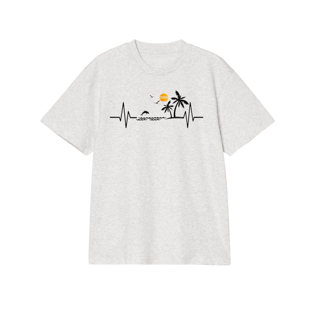 Heartbeat with Tropical Palm Trees Beach Island and Dolphin T-Shirt