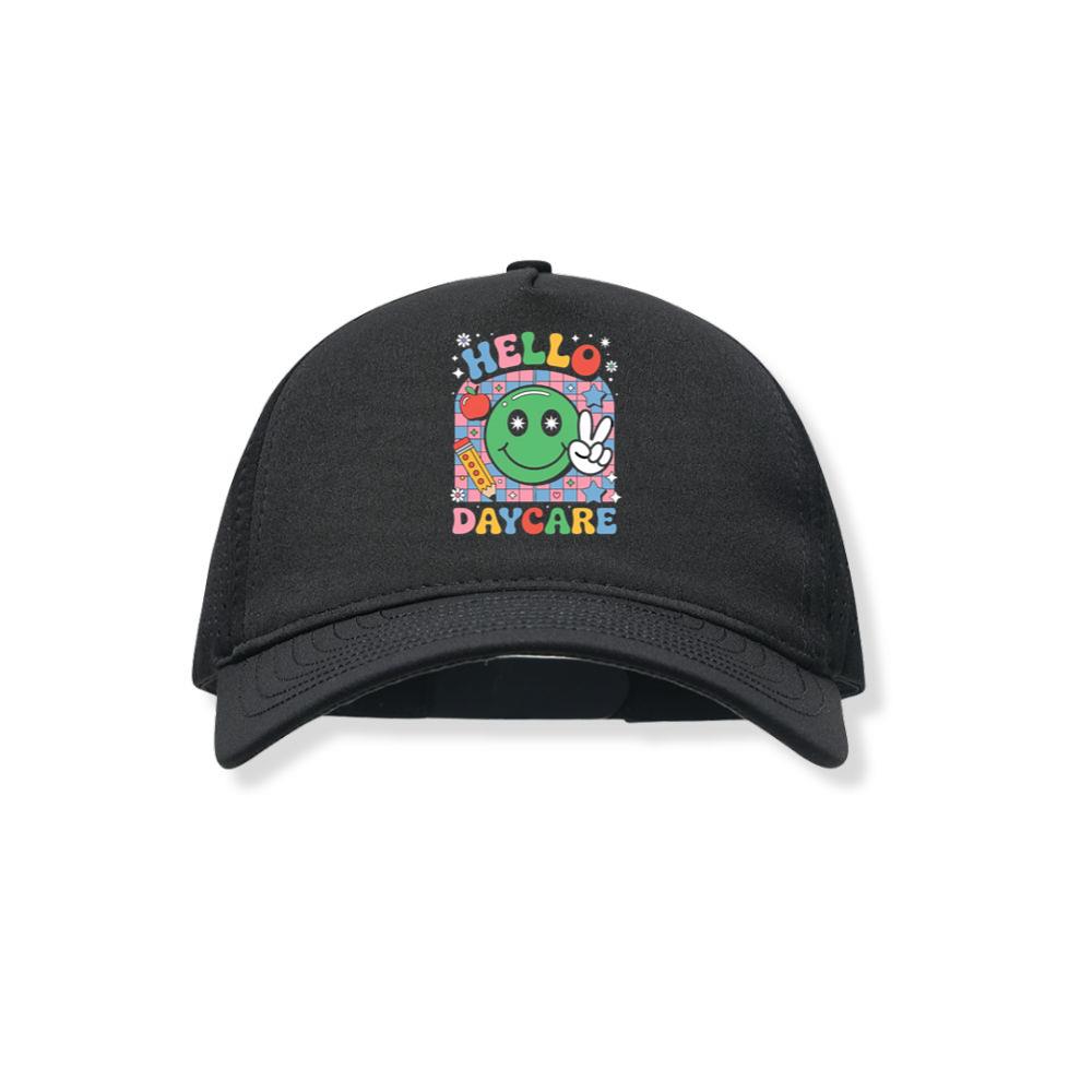 Hello Daycare Retro Smiley Face Graphic for Colorful Casual Wear Black Hat