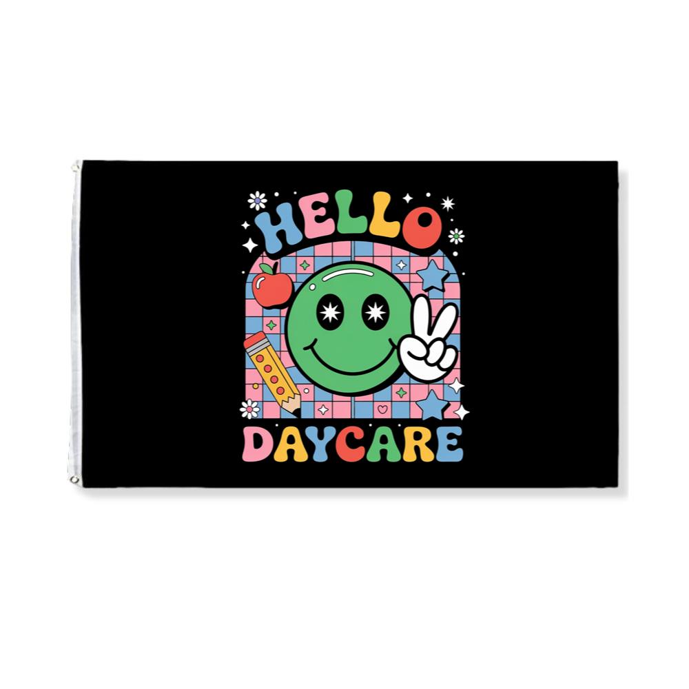 Hello Daycare Retro Smiley Face Graphic for Colorful Casual Wear Flag