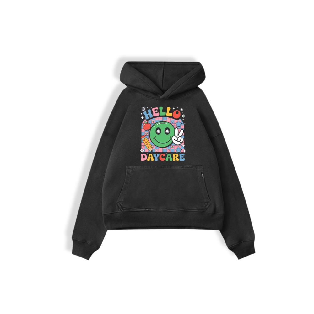 Hello Daycare Retro Smiley Face Graphic for Colorful Casual Wear Hoodie