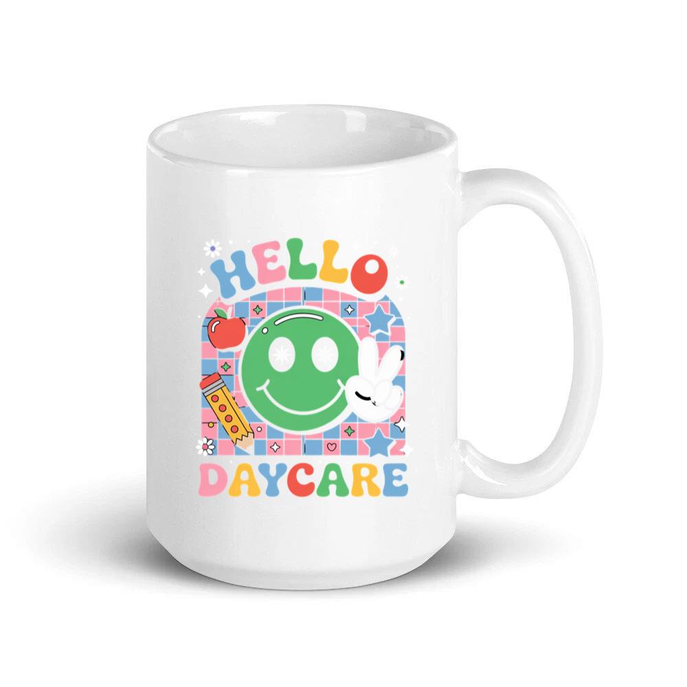 Hello Daycare Retro Smiley Face Graphic for Colorful Casual Wear Mug