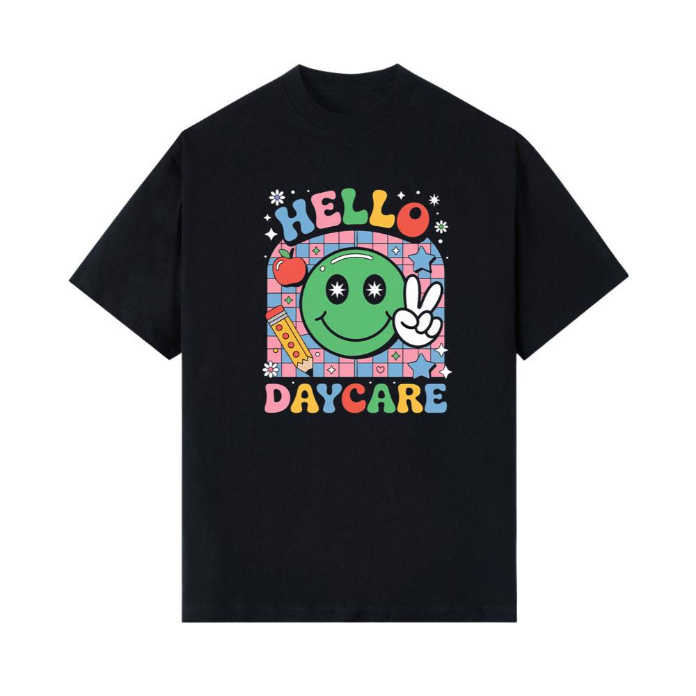 Hello Daycare Retro Smiley Face Graphic for Colorful Casual Wear T-Shirt