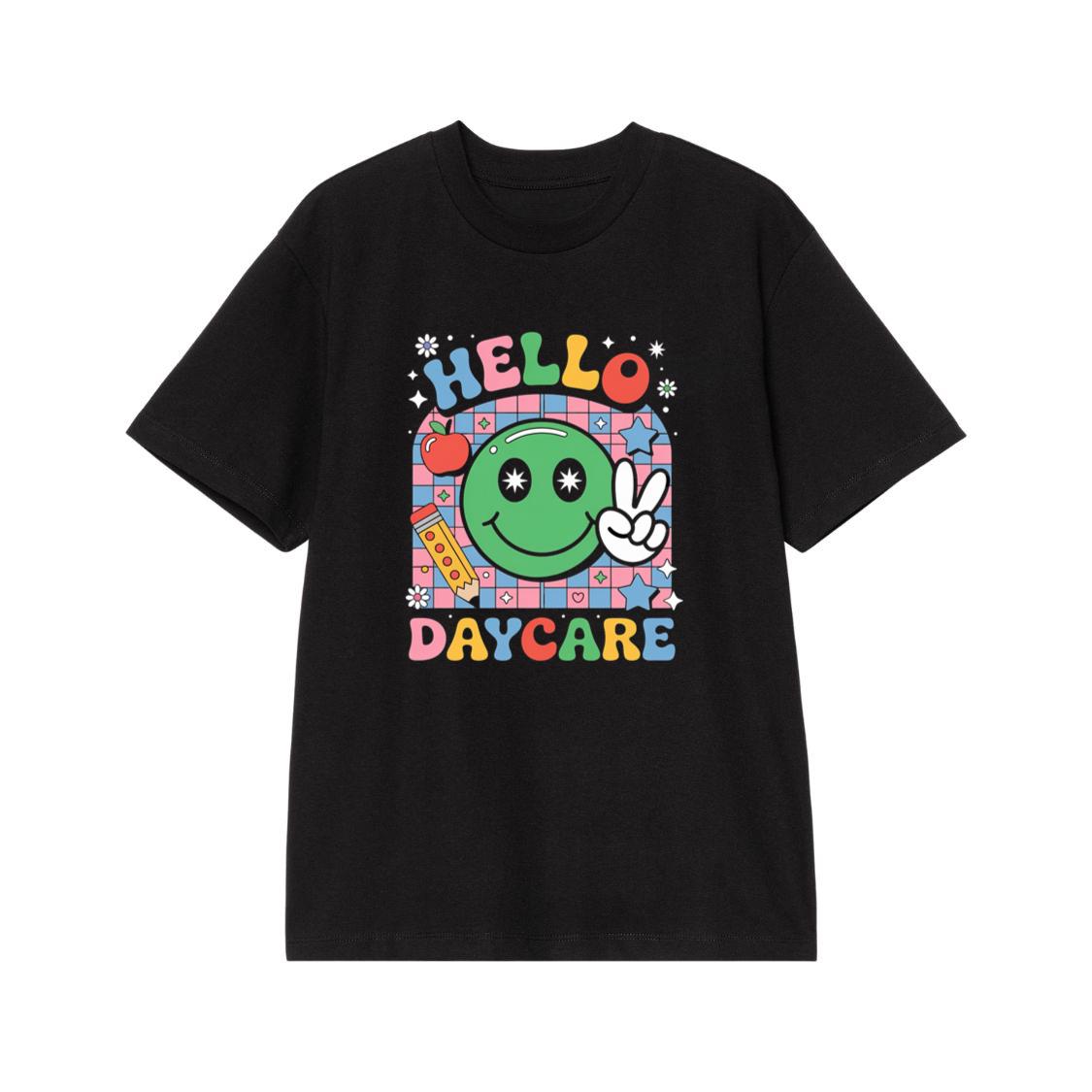 Hello Daycare Retro Smiley Face Graphic for Colorful Casual Wear T-Shirt