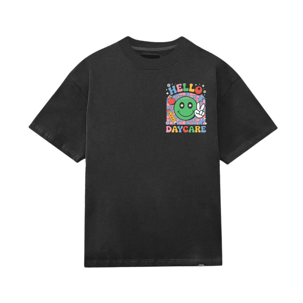 Hello Daycare Retro Smiley Face Graphic for Colorful Casual Wear T-Shirt