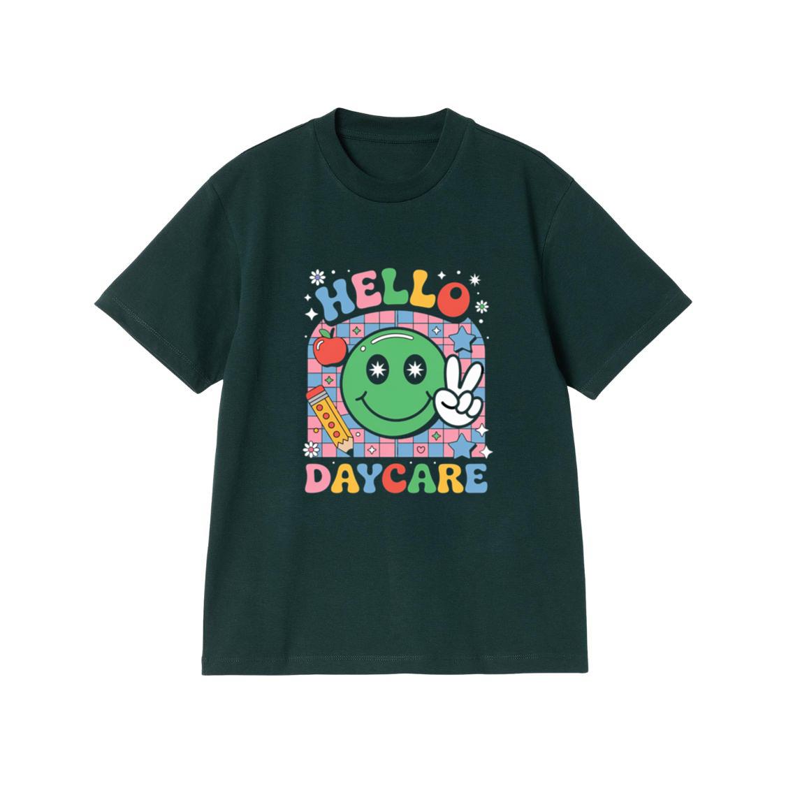 Hello Daycare Retro Smiley Face Graphic for Colorful Casual Wear T-Shirt - Image 2