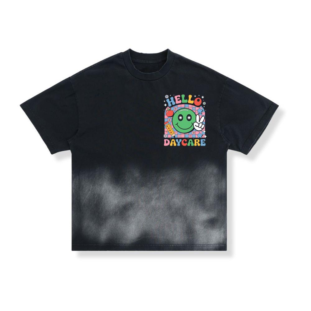 Hello Daycare Retro Smiley Face Graphic for Colorful Casual Wear T-Shirt