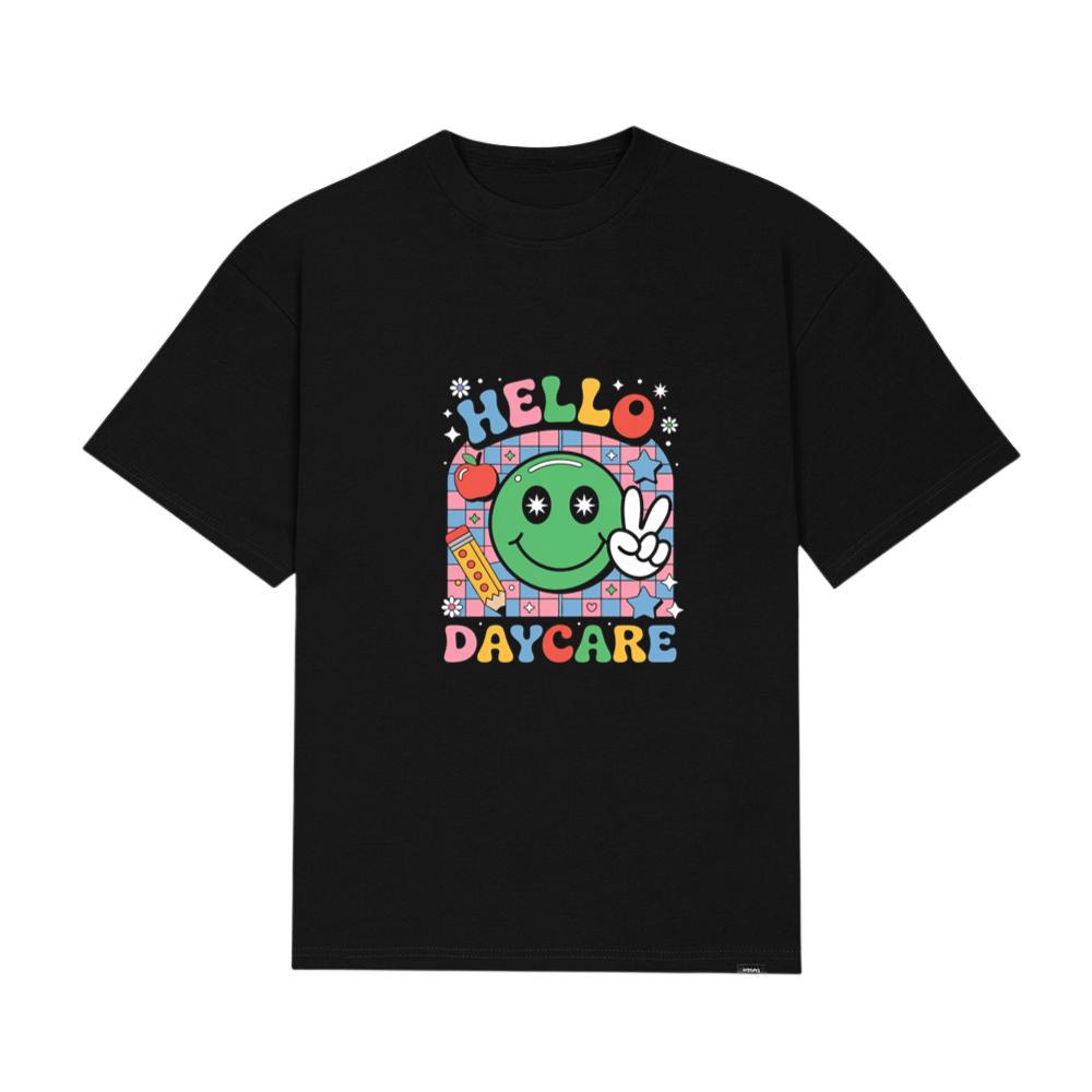 Hello Daycare Retro Smiley Face Graphic for Colorful Casual Wear T-Shirt