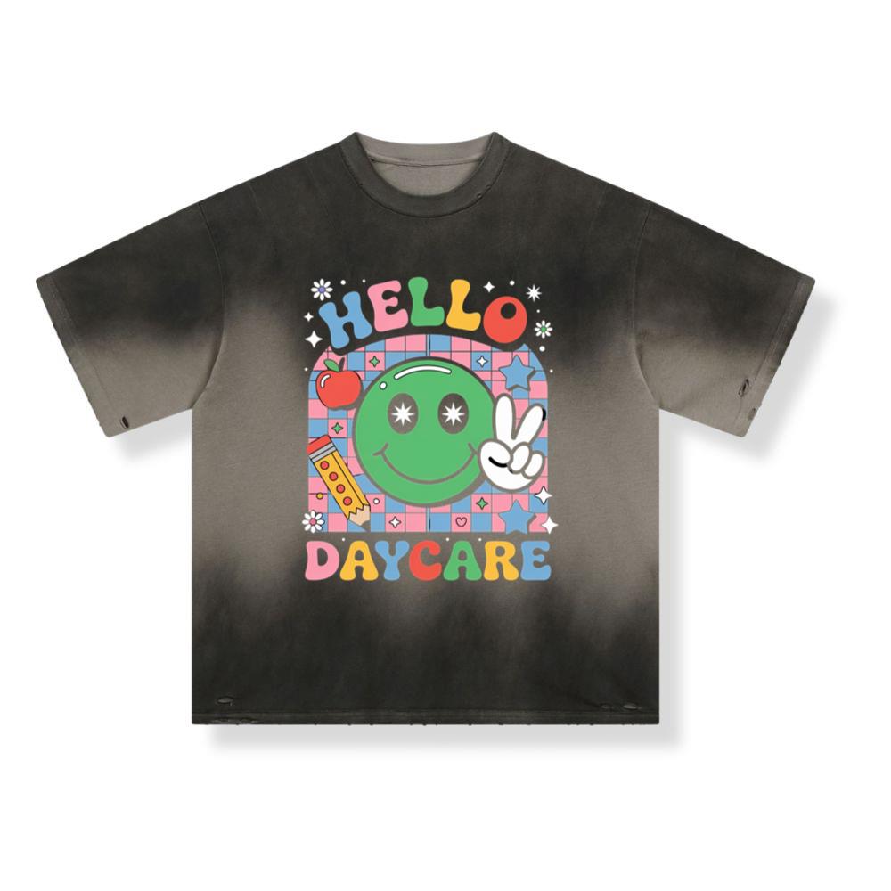 Hello Daycare Retro Smiley Face Graphic for Colorful Casual Wear T-Shirt - Image 3