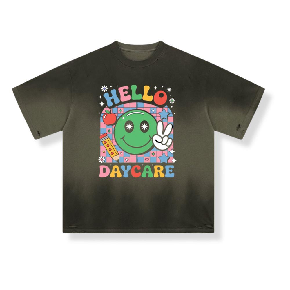 Hello Daycare Retro Smiley Face Graphic for Colorful Casual Wear T-Shirt - Image 2