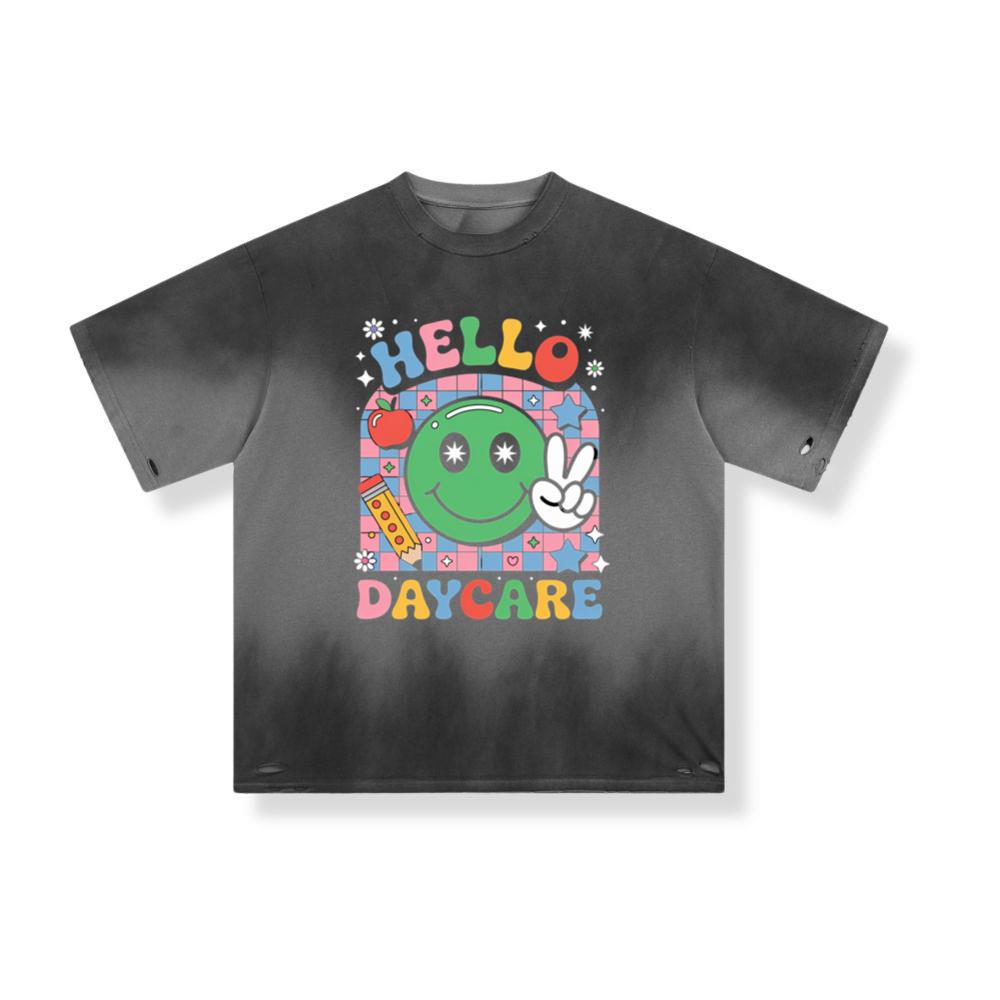 Hello Daycare Retro Smiley Face Graphic for Colorful Casual Wear T-Shirt