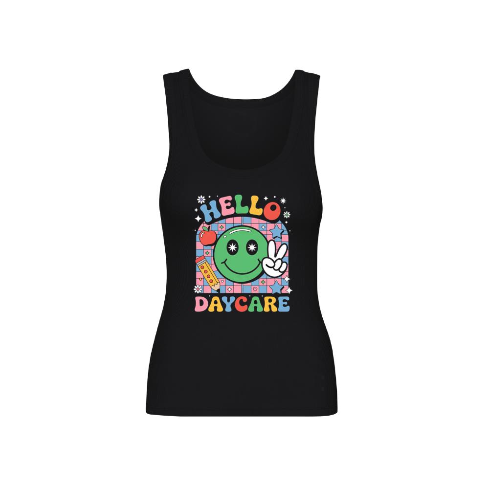 Hello Daycare Retro Smiley Face Graphic for Colorful Casual Wear Tank Top