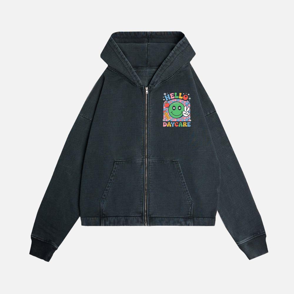 Hello Daycare Retro Smiley Face Graphic for Colorful Casual Wear Zip Hoodie