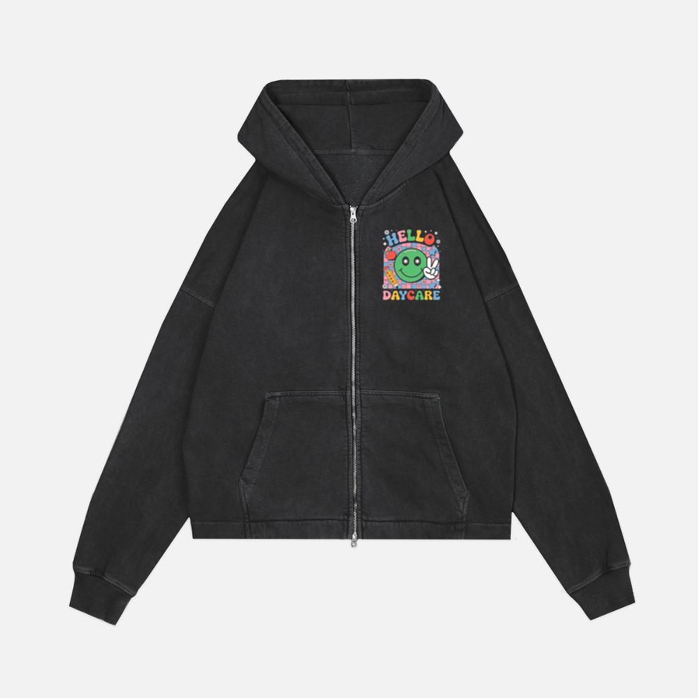 Hello Daycare Retro Smiley Face Graphic for Colorful Casual Wear Zip Hoodie