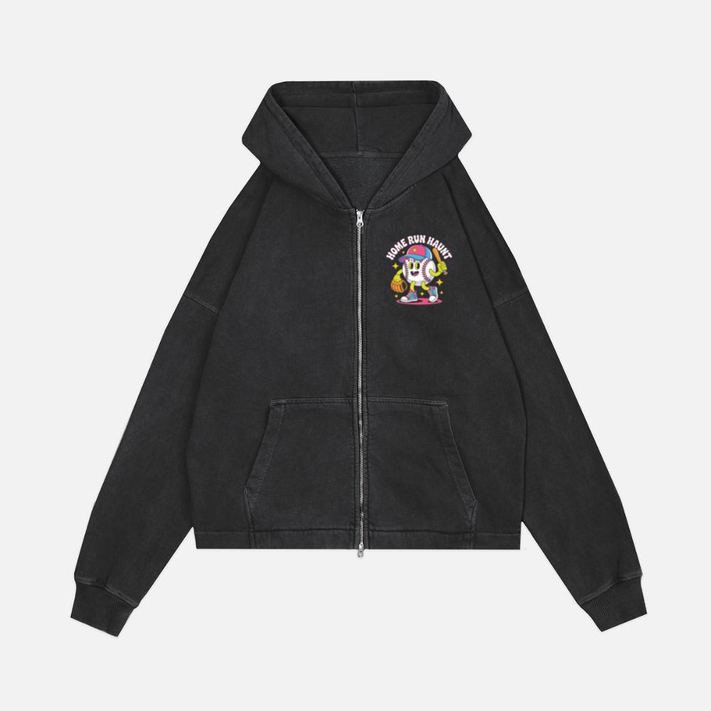 Home Run Haunt Baseball Ghost Funny Halloween Graphic Zip Hoodie