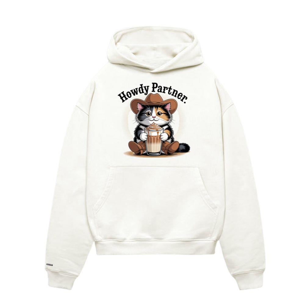 Howdy Partner Cat with Coffee Western Theme Hoodies