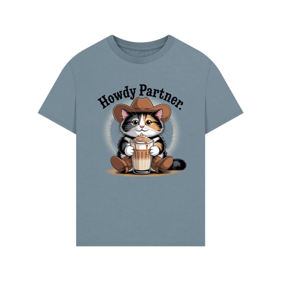 Howdy Partner Cat with Coffee Western Theme T-Shirt