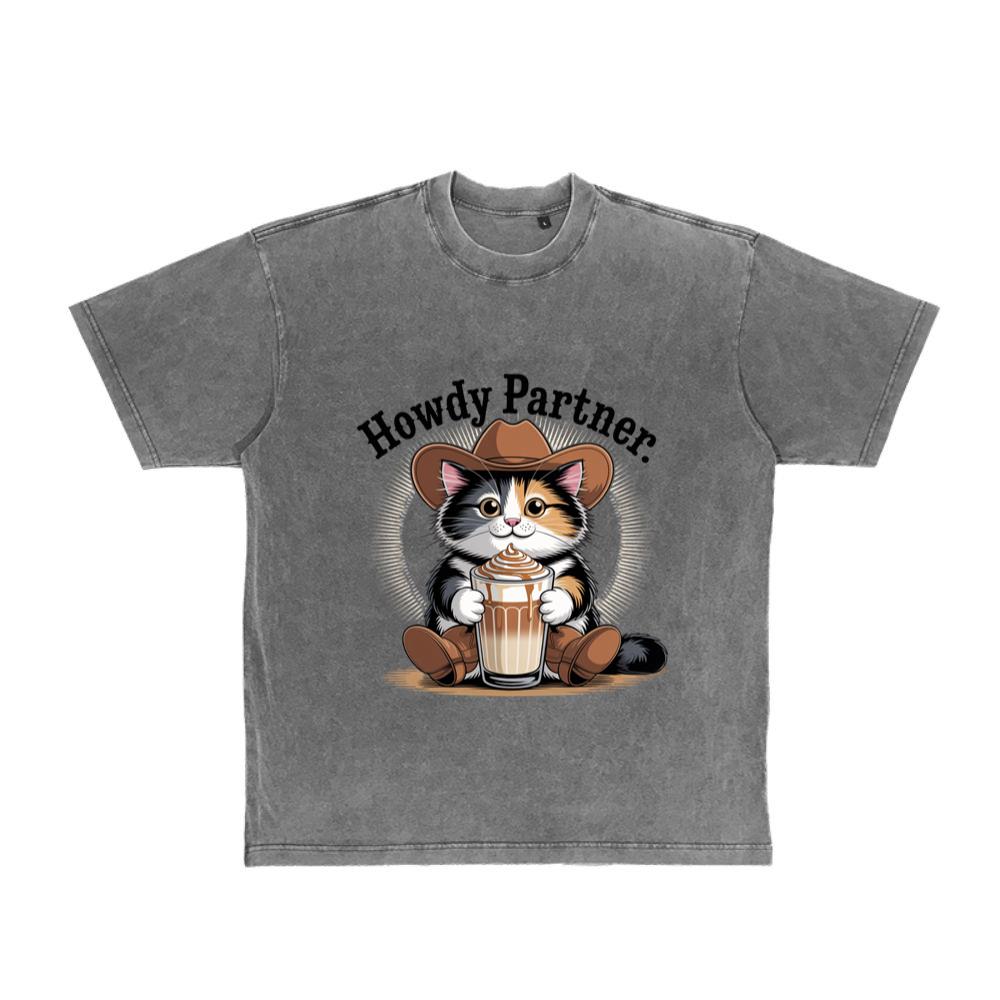 Howdy Partner Cat with Coffee Western Theme T-Shirt