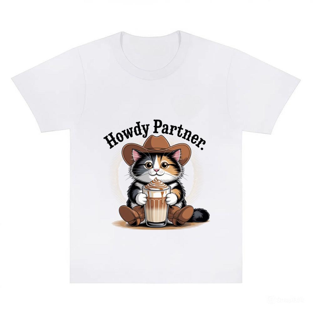 Howdy Partner Cat with Coffee Western Theme T-Shirt