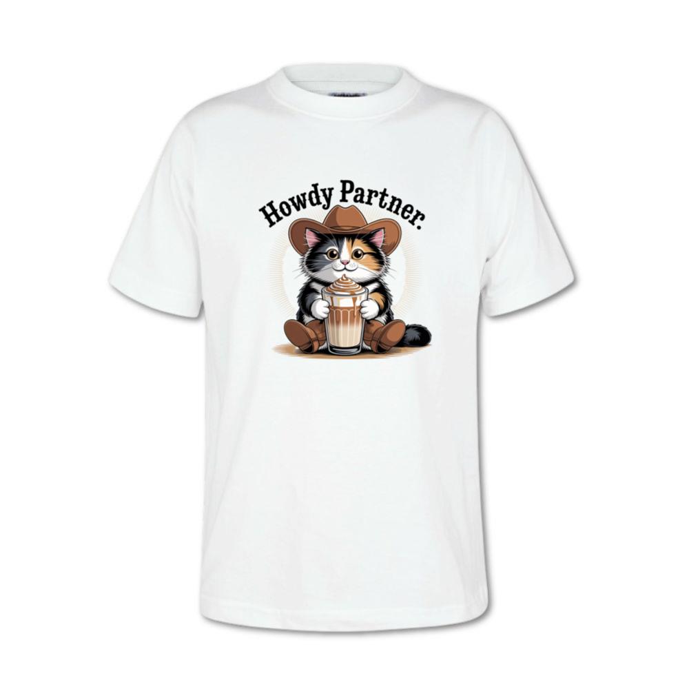 Howdy Partner Cat with Coffee Western Theme T-Shirt