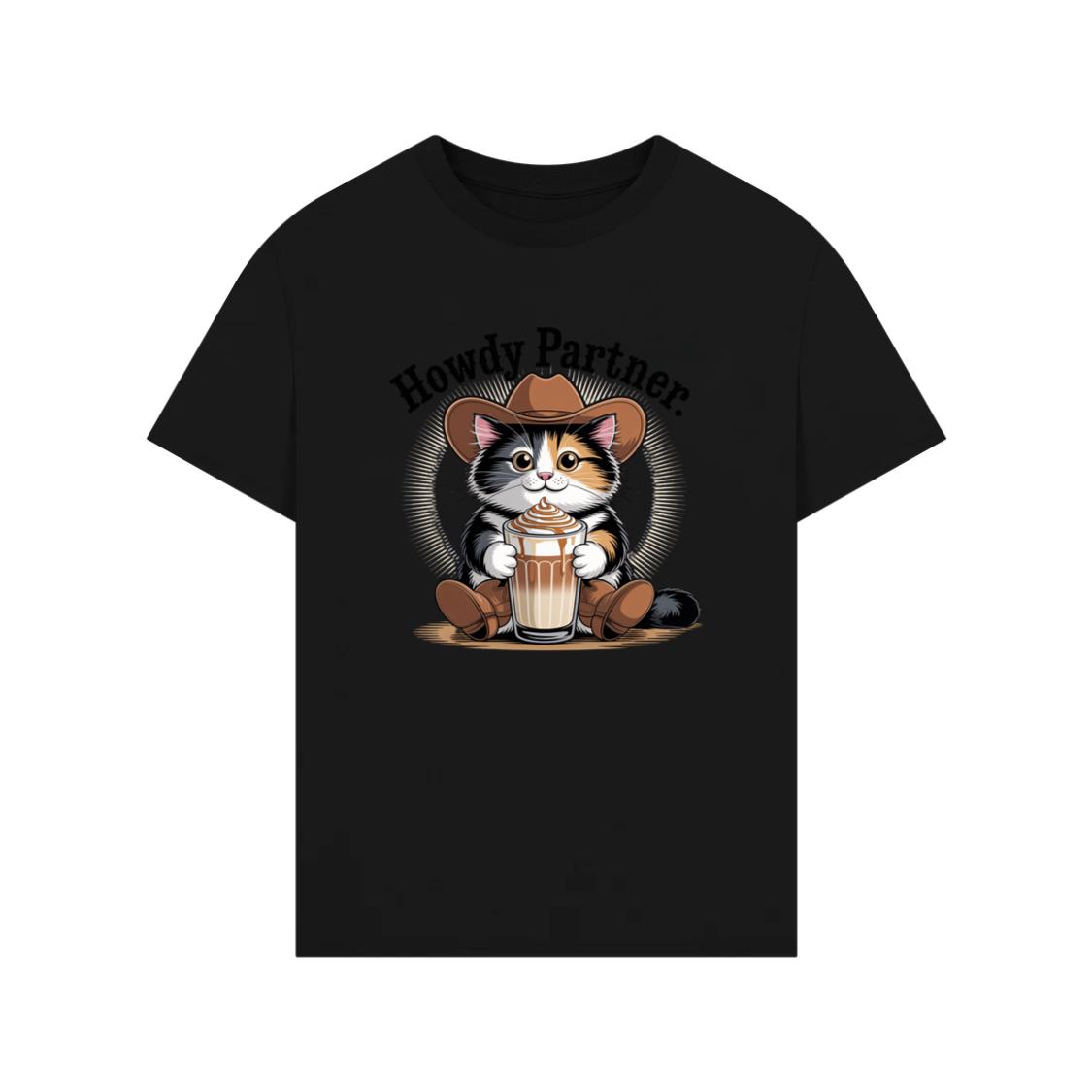 Howdy Partner Cat with Coffee Western Theme T-Shirt