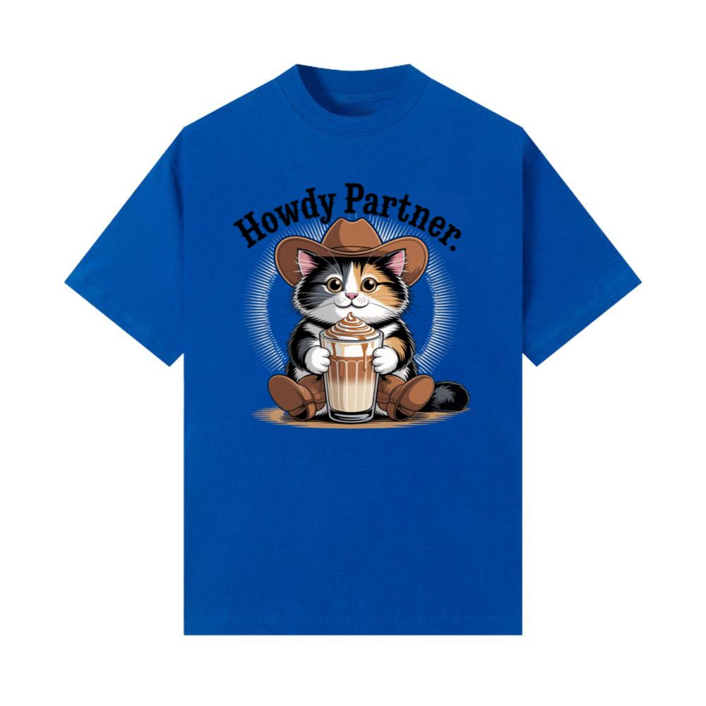 Howdy Partner Cat with Coffee Western Theme T-Shirt