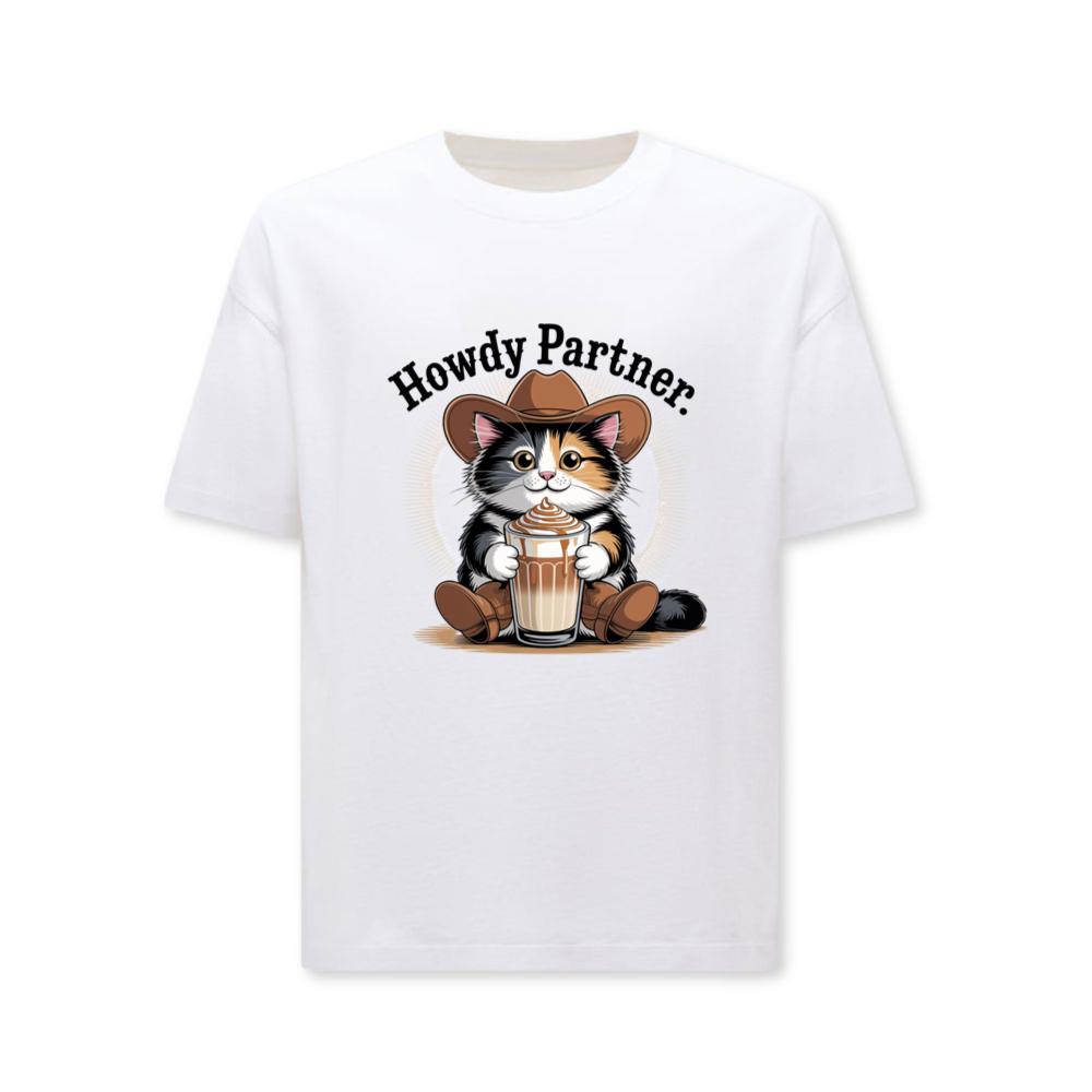 Howdy Partner Cat with Coffee Western Theme T-Shirts