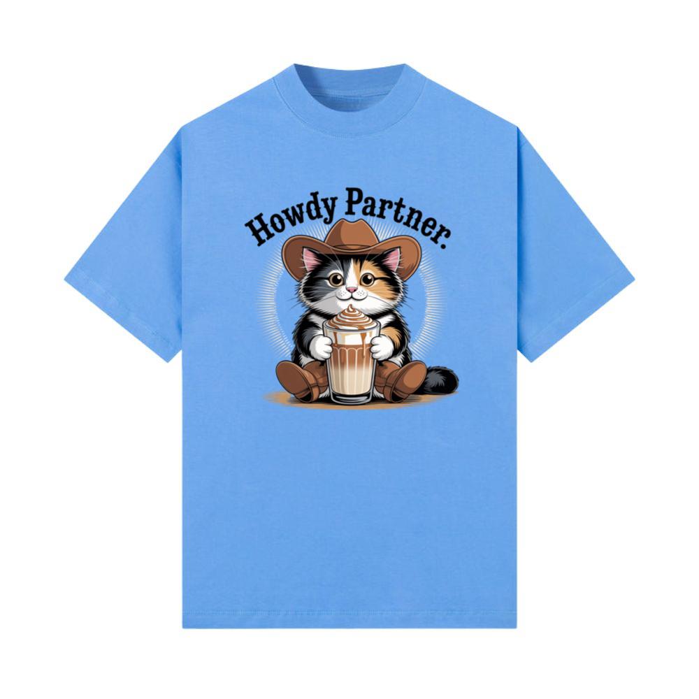 Howdy Partner Cat with Coffee Western Theme T-Shirts